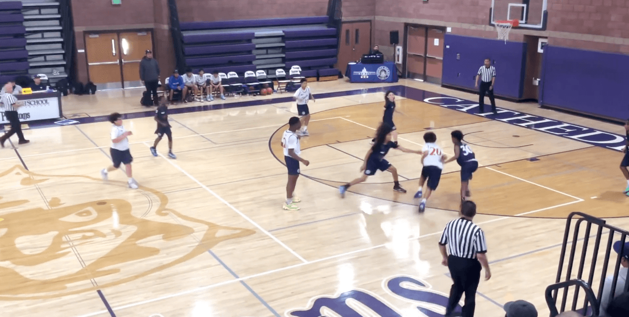 A still frame from a basketball game recording